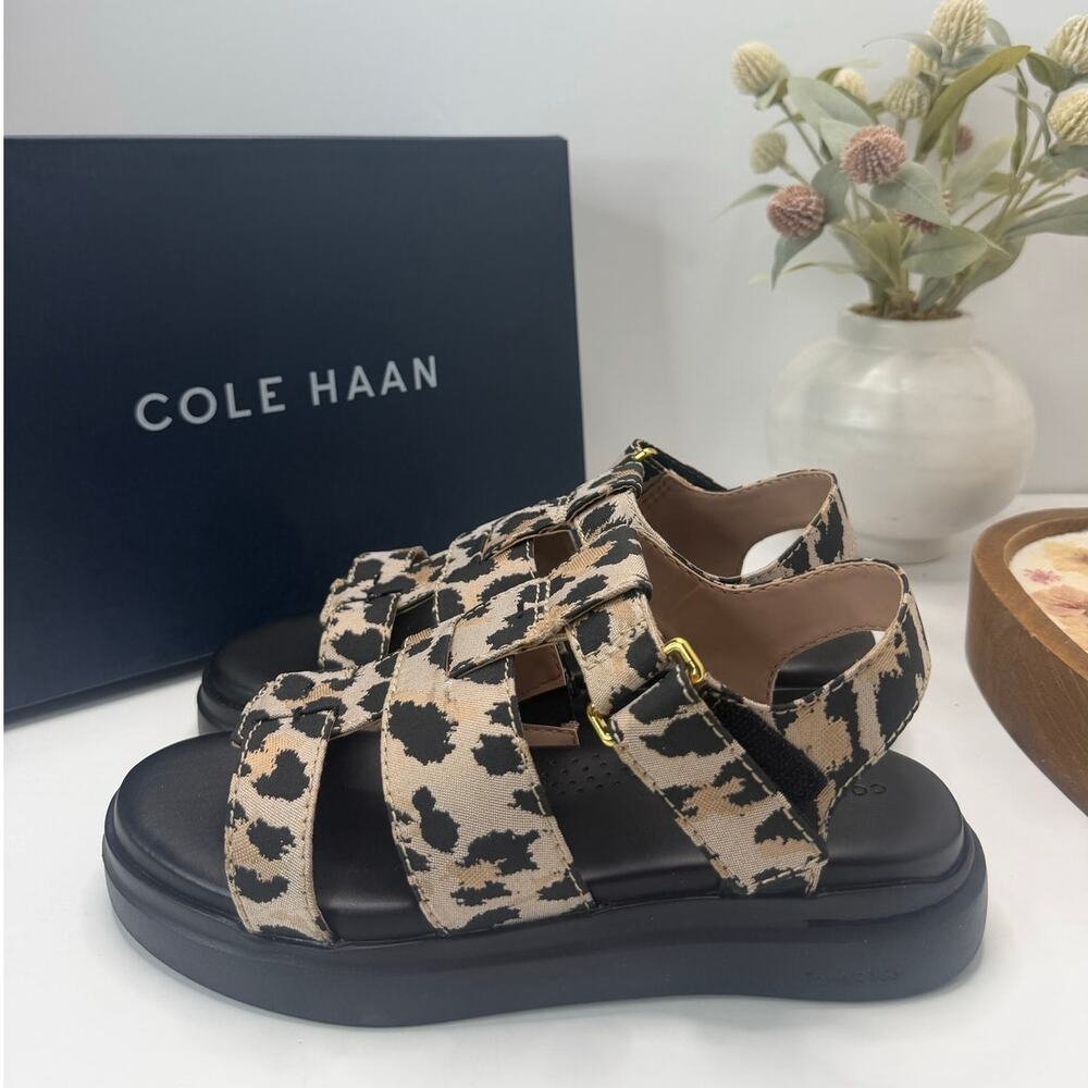 Cole Haan GrandPro Rally Fisherman Leopard Jacqur Sandal Tan/Black Women 7.5 NWB